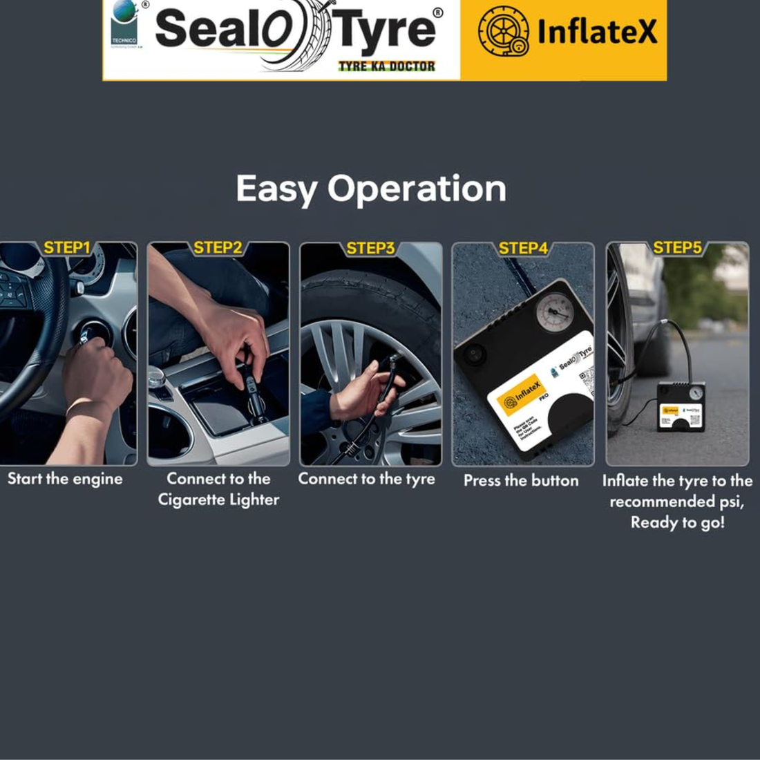 Sealotyre Car Tyre Inflator, 100PSI Electric Car Air Pump, 12V DC Portable Air Compressor, Fast Inflation Speed air inflator for car | 10 Amp