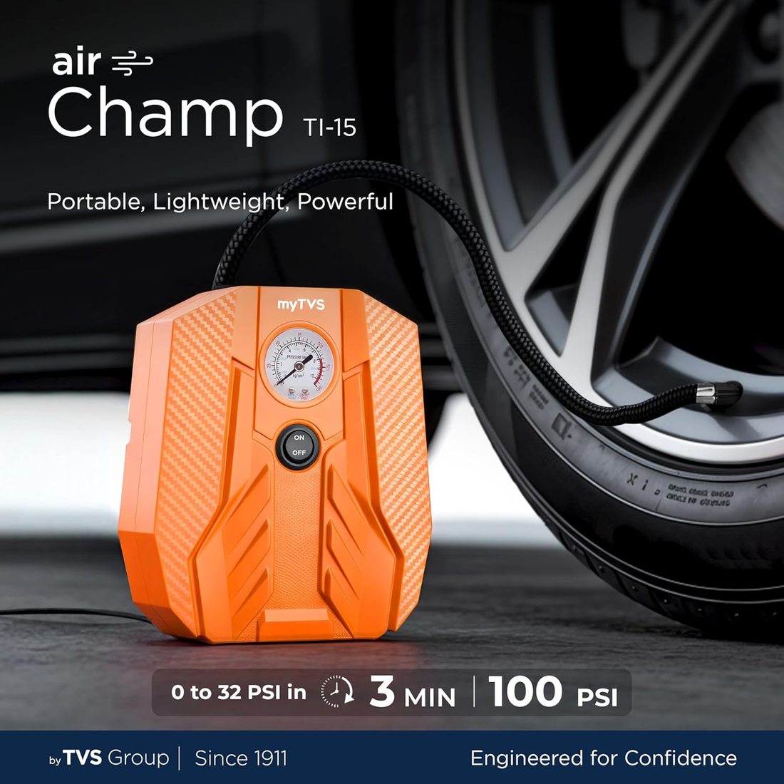 myTVS air Champ Portable Tyre Inflator for Car, Bike, Cycle with 100 PSI Pressure | 12V DC | Analog Air Pump for Car tyre with LED Torch & Long Cord