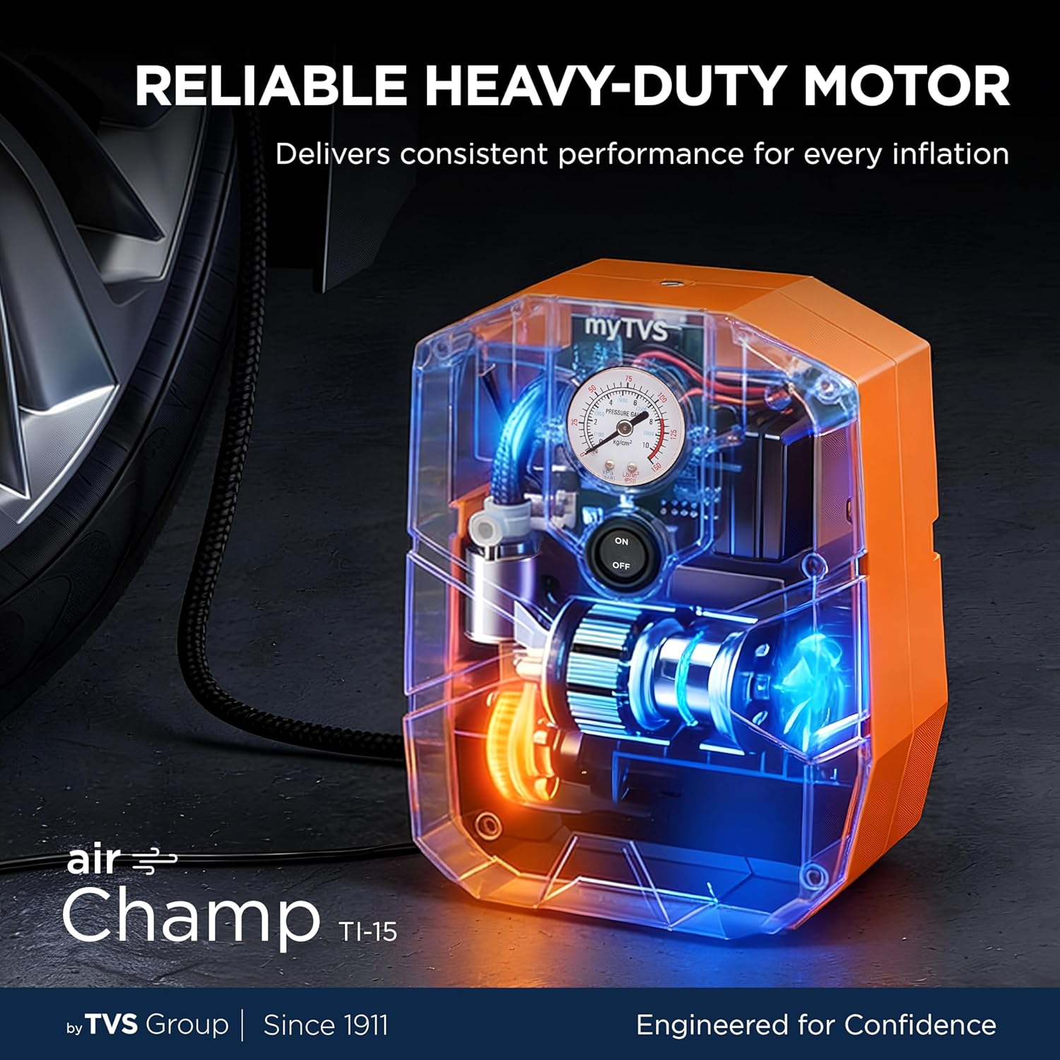 myTVS air Champ Portable Tyre Inflator for Car, Bike, Cycle with 100 PSI Pressure | 12V DC | Analog Air Pump for Car tyre with LED Torch & Long Cord
